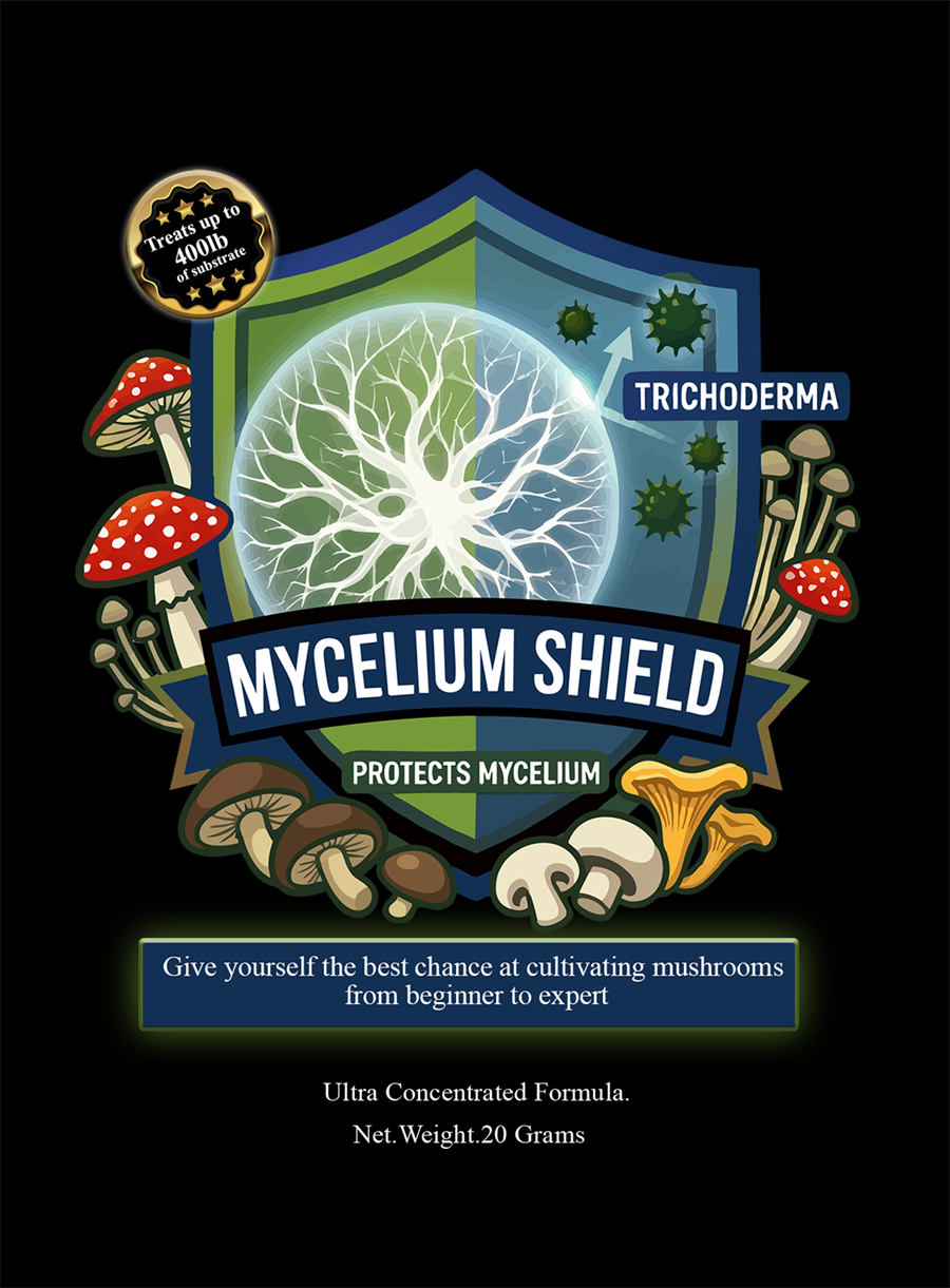 Mycelium Shield stand-up pouch — navy and green heraldic shield, gold ‘treats up to 400 lb’ seal, ultra-concentrated formula, net weight 20 grams